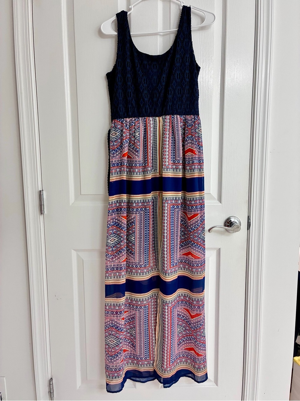 Navy Lace Top Boho Print Maxi Dress